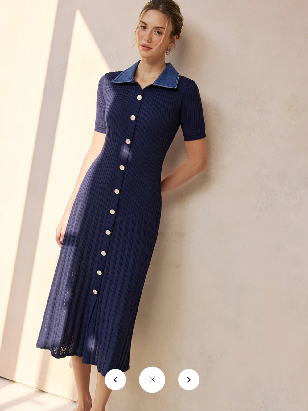 NWT Denim Collar Ribbed Knit Midi Dress Sz L